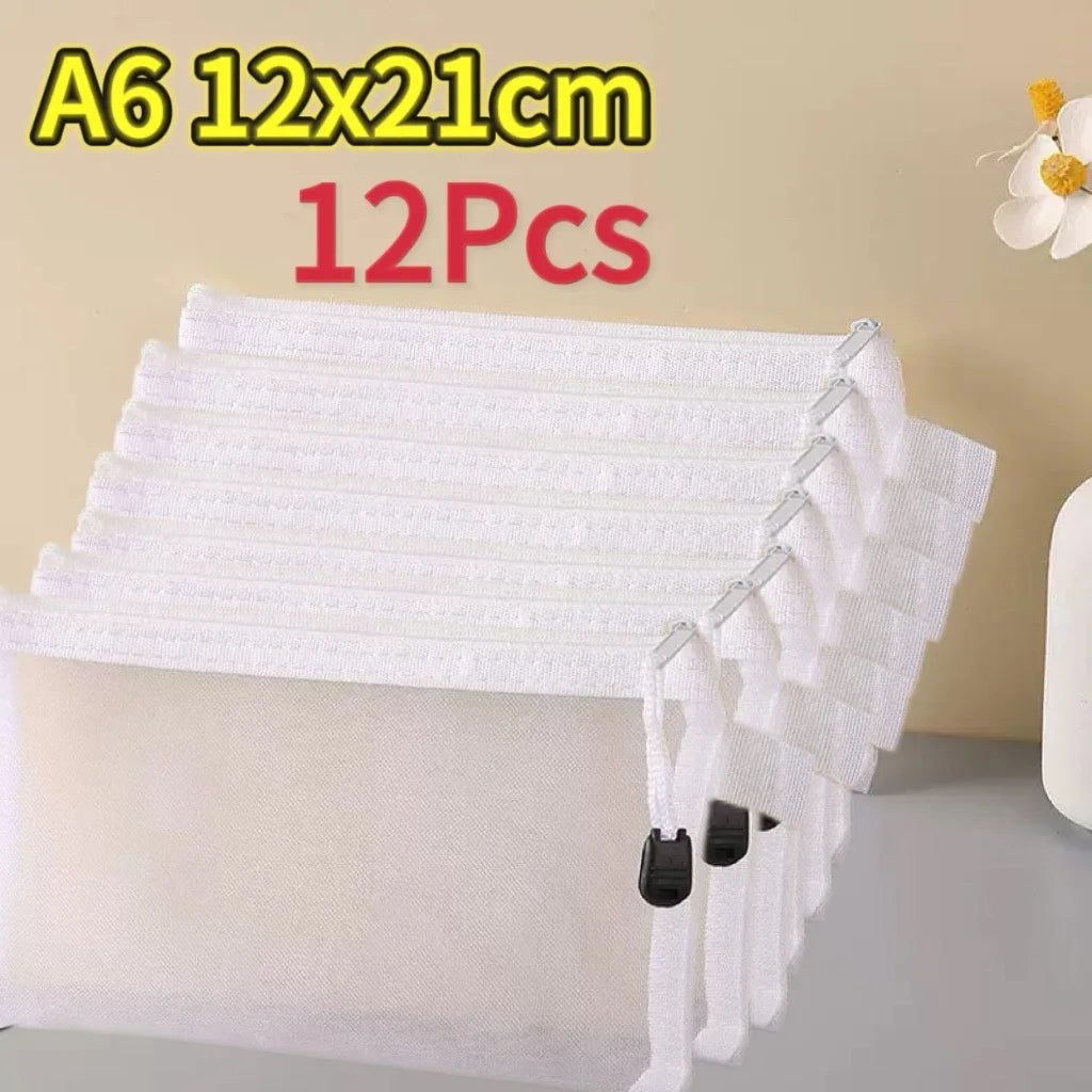 1-12pcs Mesh Zipper Pouch Student Waterproof Zip File Bag Makeup Bag School Office Supplies Miscellaneous Storage Organizer