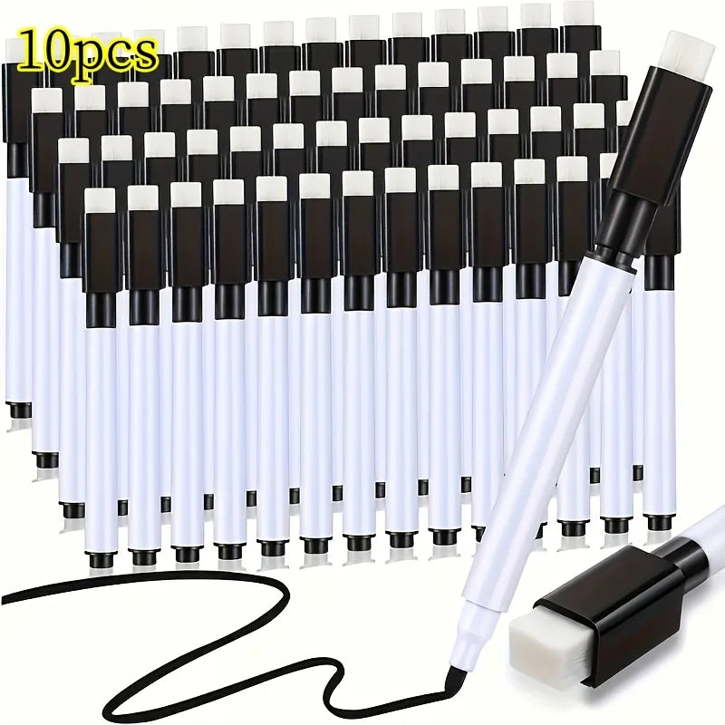 10pcs Erasable Whiteboard Markers with Built-in Eraser - Non-Toxic, Medium Tip for Office & School Supplies