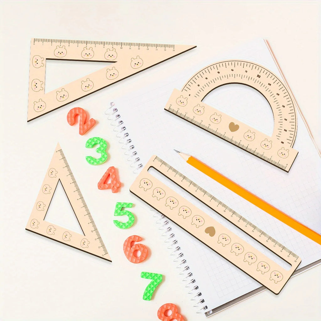 Elegant 4pcs 3mm Thick 2D Wooden Ruler Set Cute Students Math Classes Teacher Gifts Or Office Supplies Triangle Straight Ruler