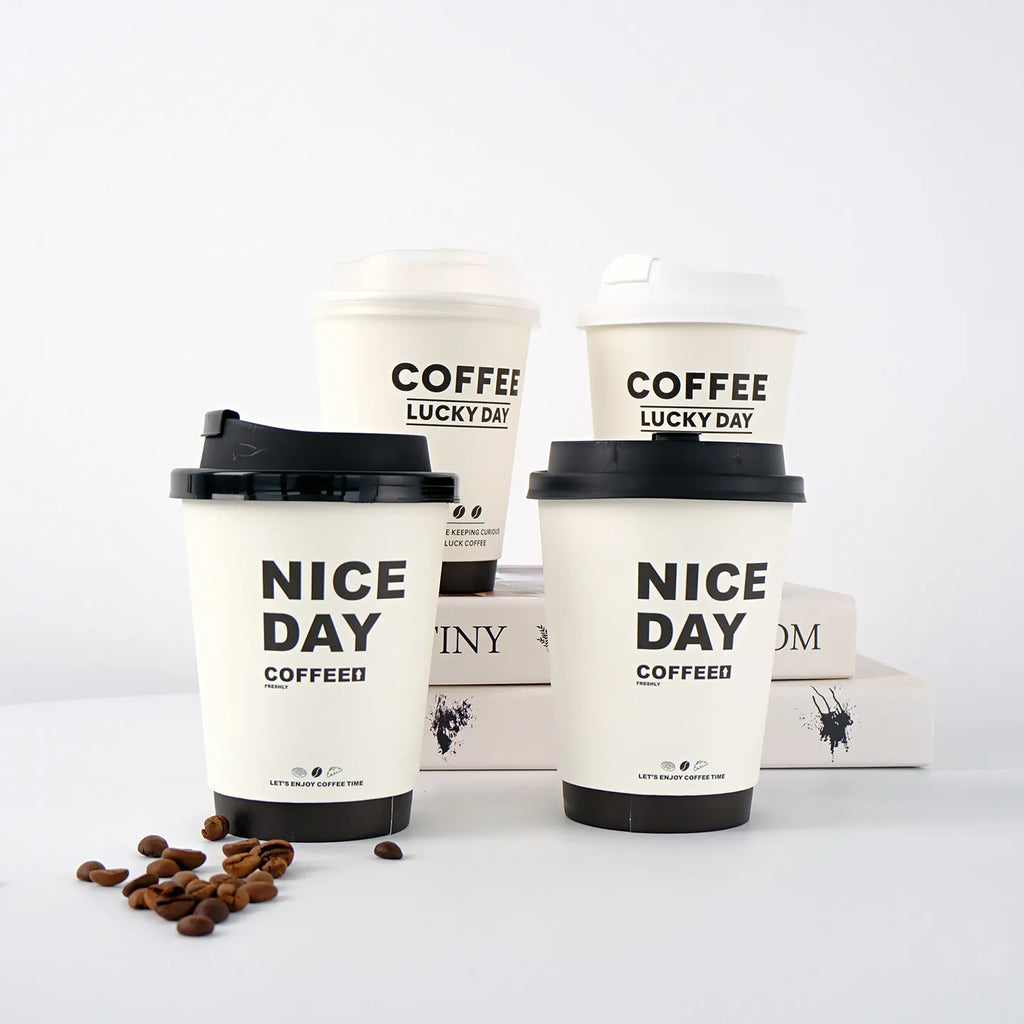 50pcs Thick Double-layer Coffee Paper Cup Disposable 90mm Caliber Hot Drink Leak Proof with Lid Shop Takeaway Paper Cups