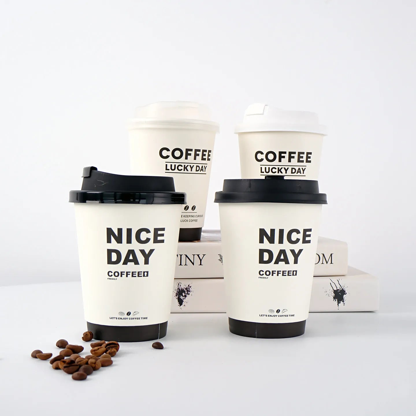 50pcs Thick Double-layer Coffee Paper Cup Disposable 90mm Caliber Hot Drink Leak Proof with Lid Shop Takeaway Paper Cups