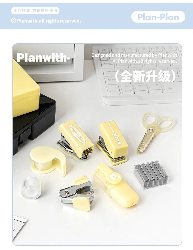Kawaii 4/8pc Portable Stationery Multi Functional Tool Box Efficiency Set Puncher Stapler Adhesive Tape Mini School Supplies
