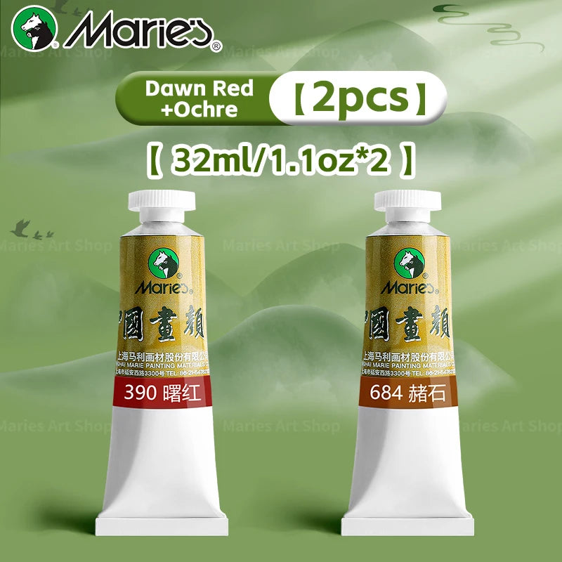 Marie's Chinese Painting Pigment Set,2pcs 32ml/1.13oz Tube,Watercolor Sumi Paint Kit for Drawing,Writing,Ink,Landscape for Adult