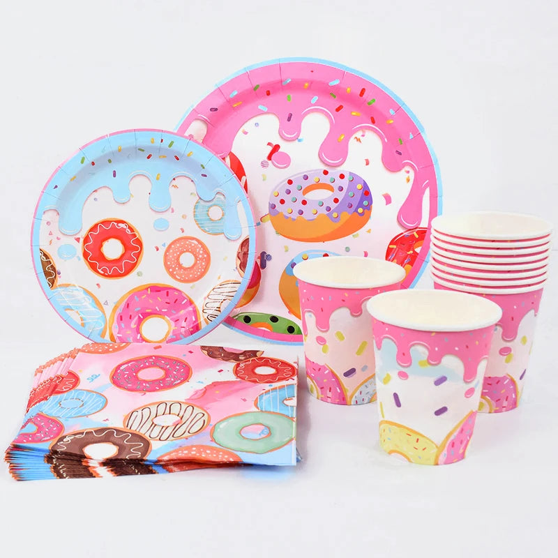 1Set Donut Party Decoration Disposable Tableware Plate Cup Napkins Candy Gift Bags Kids Baby Girl 1st Birthday Party Supplies