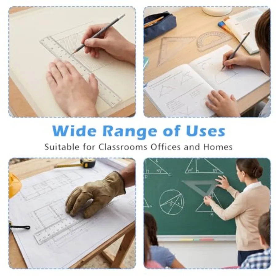 6Pcs Transparent Ruler Set for Drawing, Engineering, Art: Clear Acrylic, Blue-Tinted, Anti-Slip Grip Precise Markings
