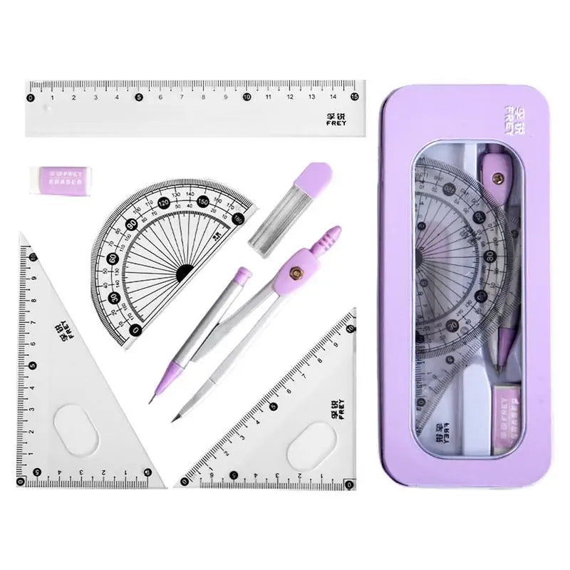 7PCS Stainless Steel Compass Set Math Geometry Tools with Eraser Ruler Student Carpenter Drafting Drawing School Supplies