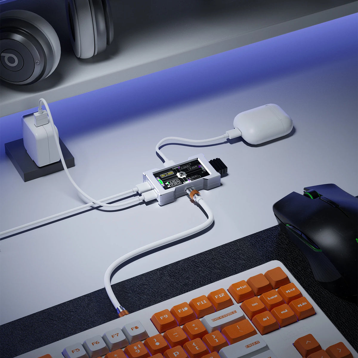 HMLAB ZNEO Gaming USB Hub - 2-to-3 Port, 8K Hz Speed, Independent Power & Built-in Screen, Stylish Gaming Desk Essential - HEMU