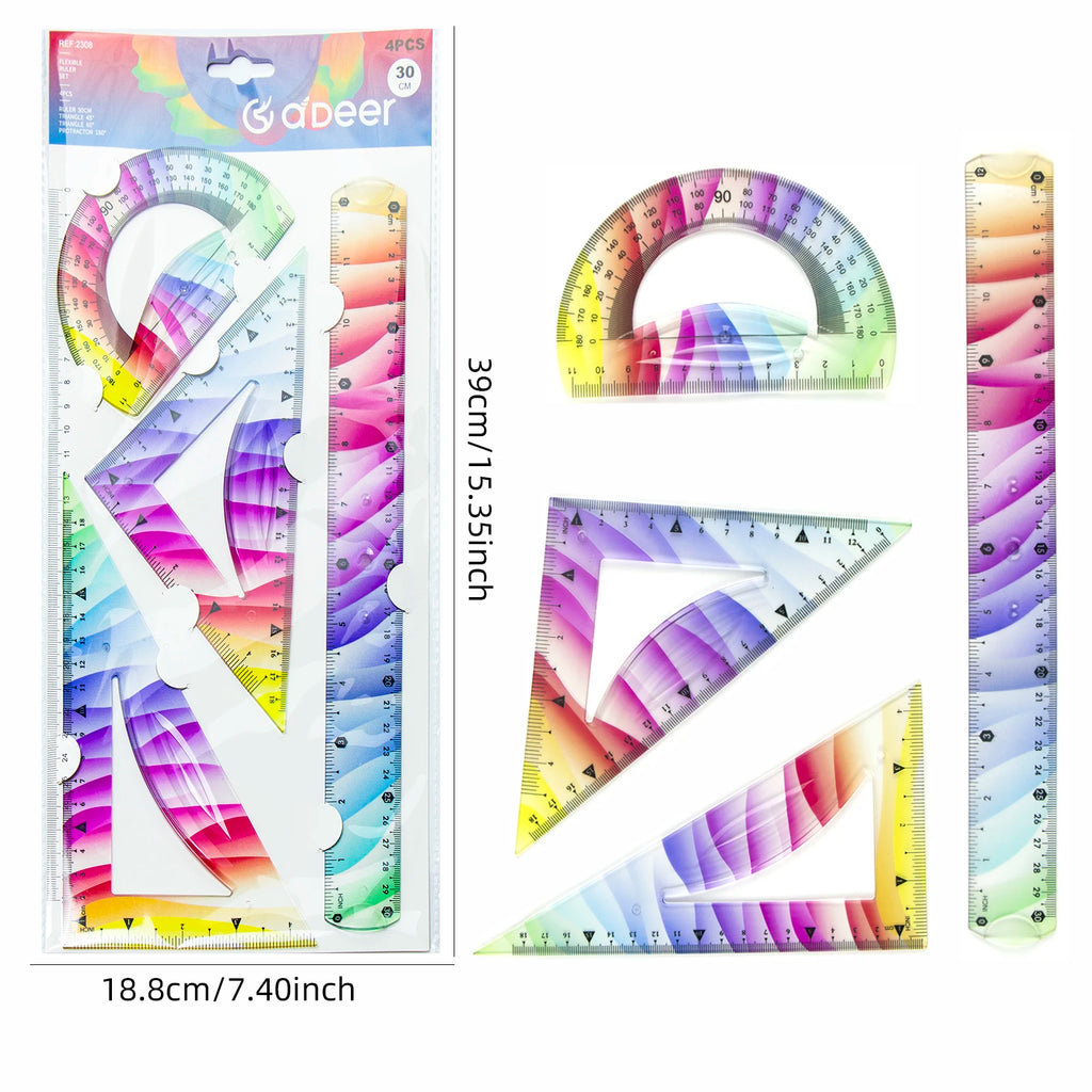 Vibrant Flexible Ruler Set, Straight Ruler, Protractor, 2 Triangles, 20/30cm Straight Ruler, 4 Pcs Soft Ruler Kit