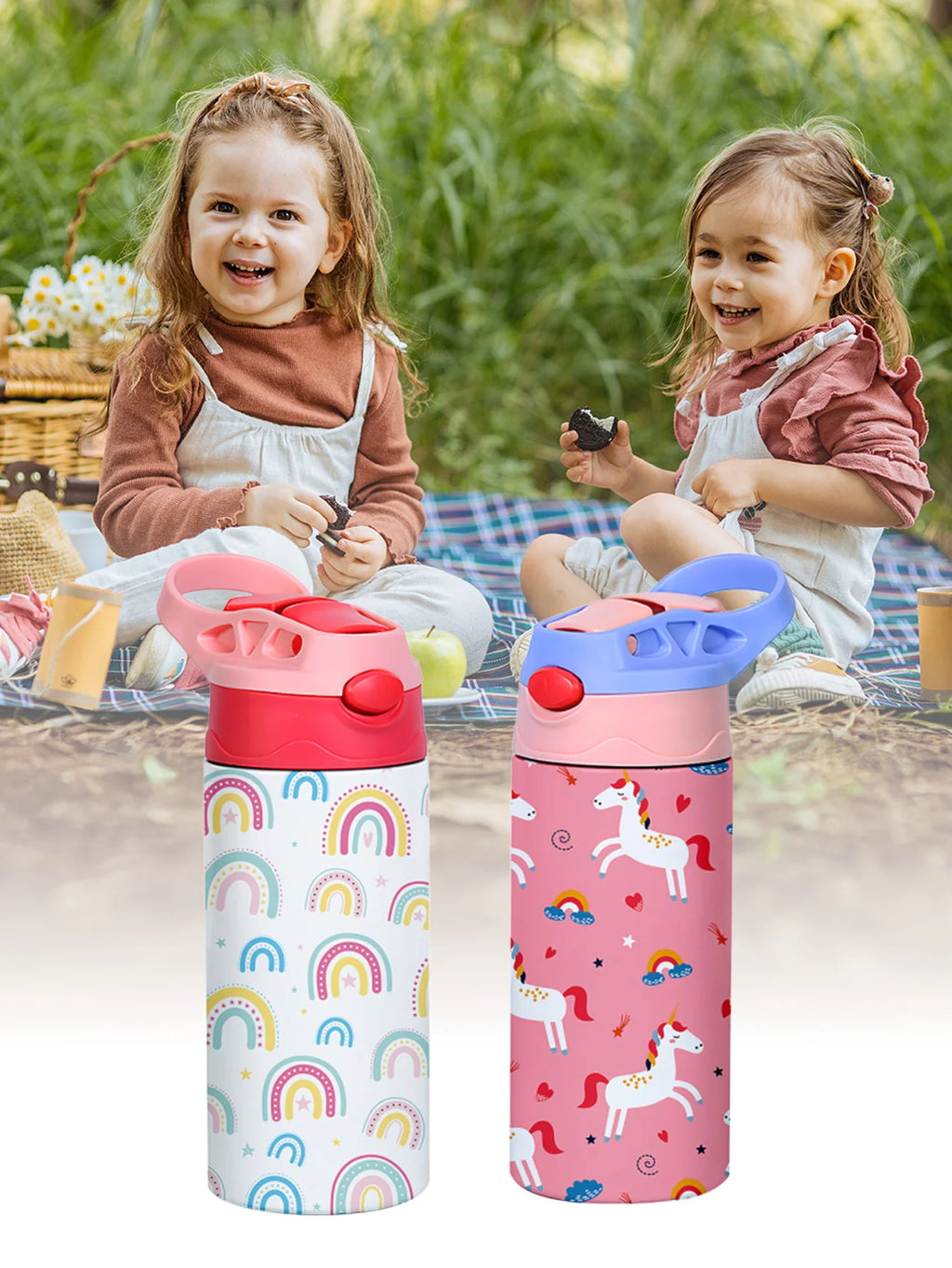 350ml Cartoon Pattern Vacuum Cup Kids Insulated Water Bottle Cute Animal Straw Thermos Mug Handheld Kettle for Outdoor School