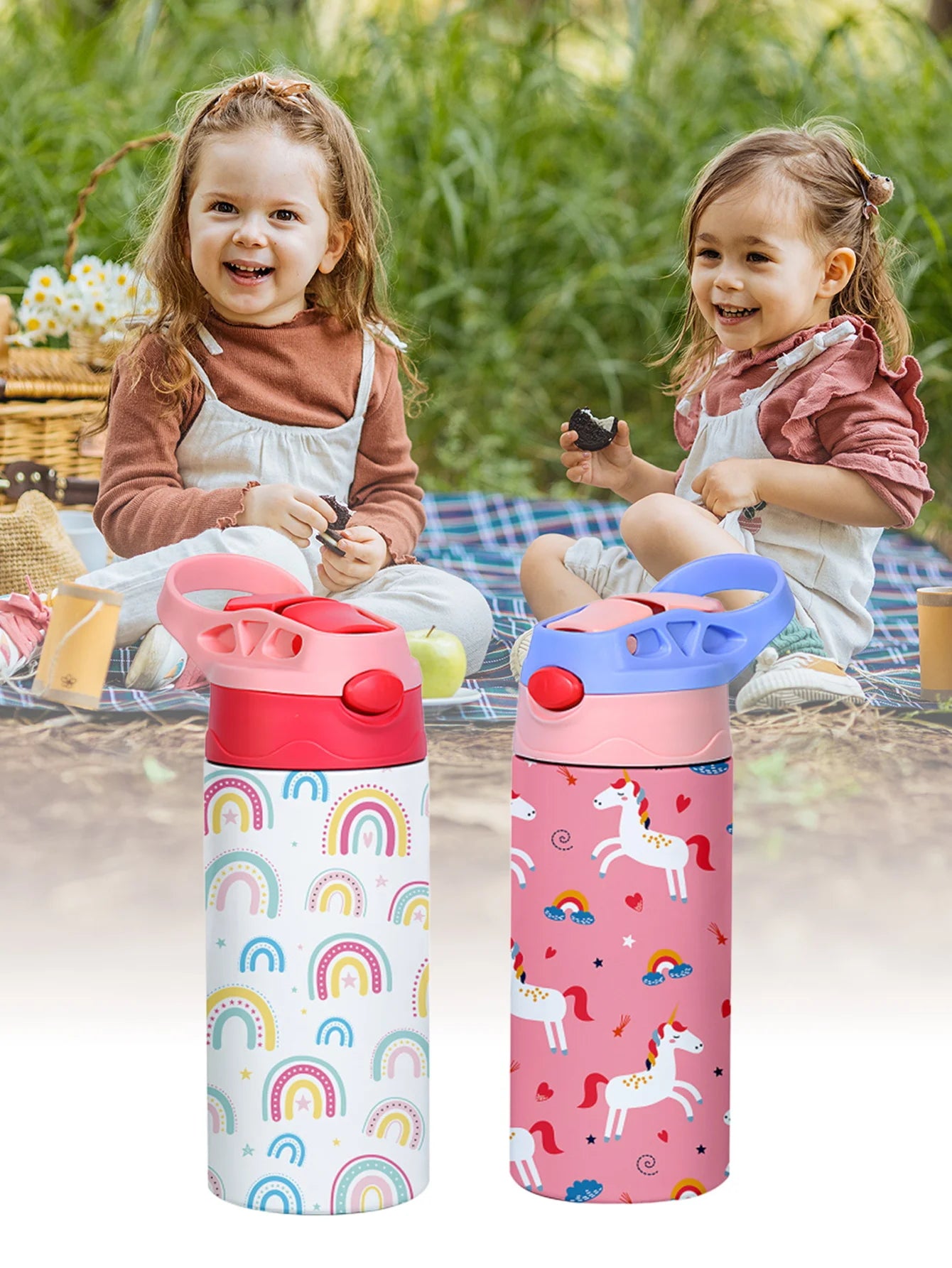 350ml Cartoon Pattern Vacuum Cup Kids Insulated Water Bottle Cute Animal Straw Thermos Mug Handheld Kettle for Outdoor School