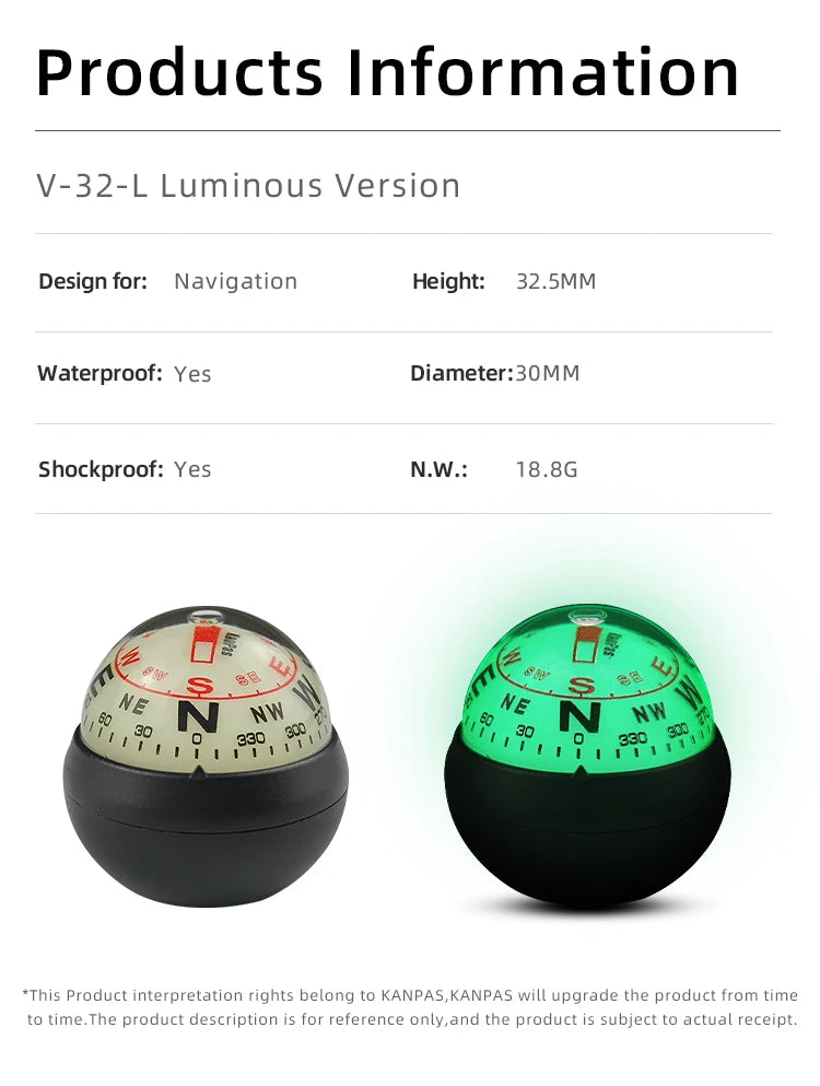 KANPAS Compass for Car/Small Dashboard Compass/Compass for Boat/No Leaking Compass/Double Dial/Luminous