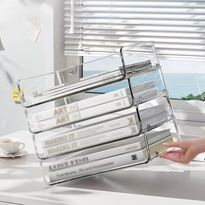 Desktop File Organizer Stackable Storage Tray Clear Paper Rack Stationery Box Transparent Holder Home Office Magazine Book Shelf