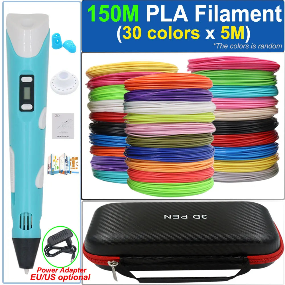 Children's 3D Pen 3D Drawing Printing Pen with LCD Screen Power Adapter 200M PLA Filament Toy Kids Christmas Birthday DIY Gift