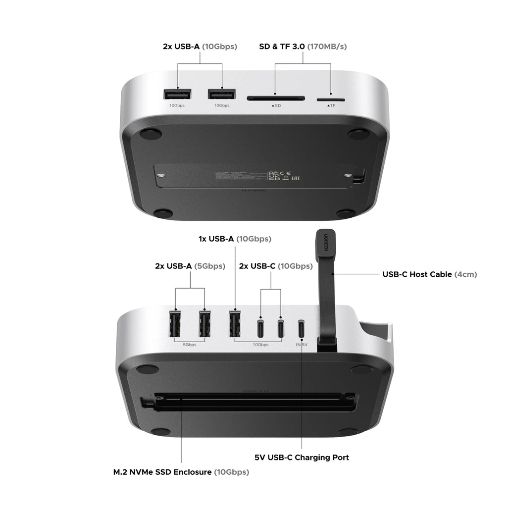 UGREEN USB HUB Docking Station for Mac Mini M4 M4 Pro M.2 NVMe SSD 8TB Max 10Gbps USB-A&C Ports SD&TF 170MB/s USB Splitter Dock