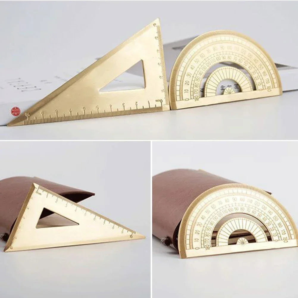 Retro Brass Straight Ruler Student School Office Stationery Metal Triangle Rulers Protractor Painting Drawing Measuring Tools