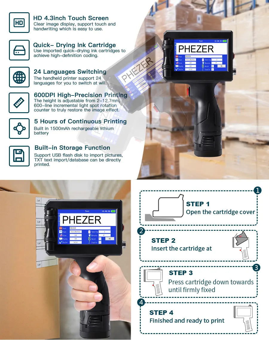 Phezer P15 Handheld Inkjet Printer 12.7/25.4mm Portable Label Printer Expiry Date Batch Code Logo QR Barcode 28 Languages