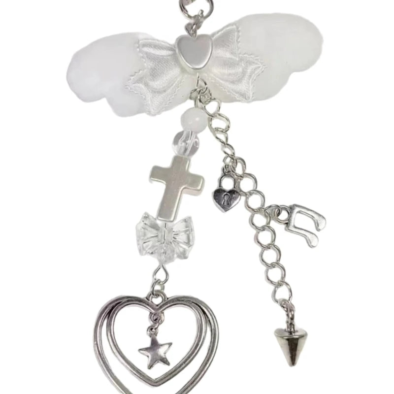 Sweet Bowknot Pendant Phone Chain Rope Wing Keychain Handmade Cellphone Strap Lanyard Acrylic Keyring Bag Ornament