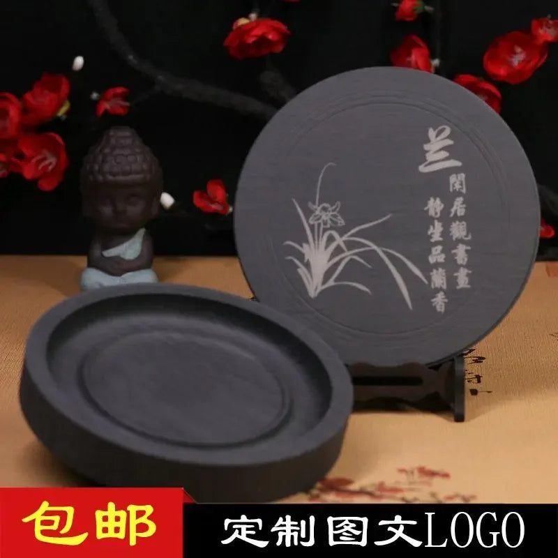 Natural Original Stone Inkstone Table with Cover End Ink Pond Plate Strip Grinding Student Beginners