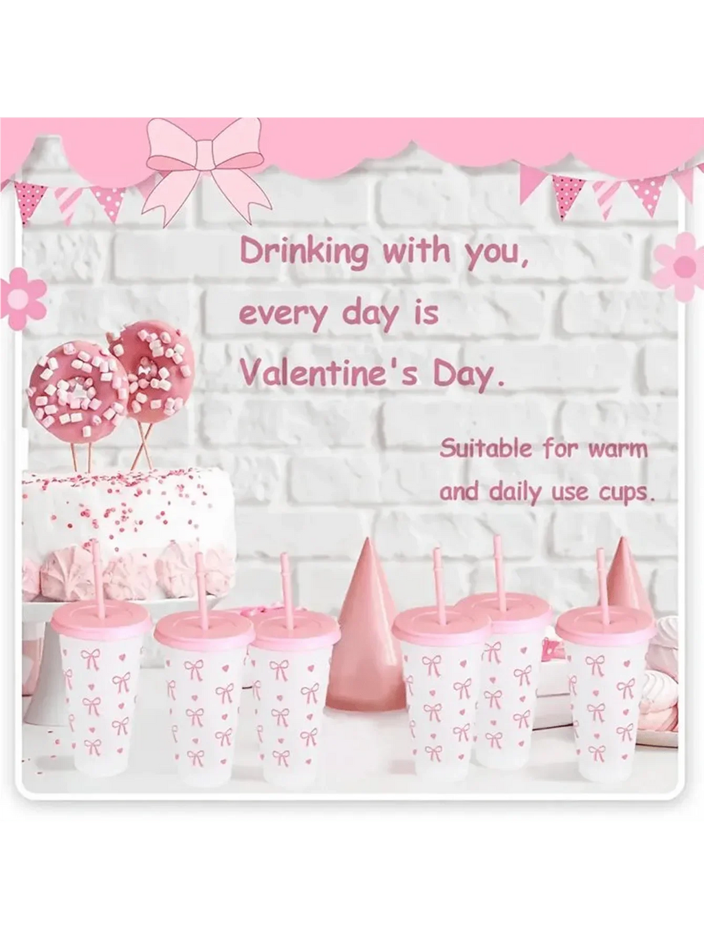 Reusable Plastic Cups With Pink Ribbons, 24 Ounces With Straws And Lids. For Parties, Drinking, Coffee, Weddings, Birthdays