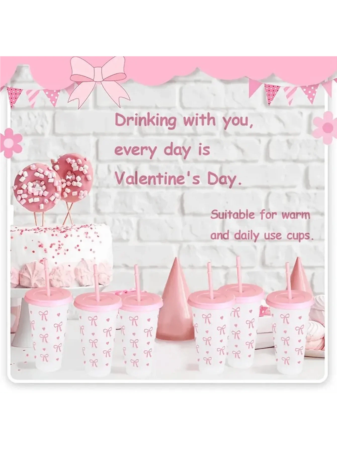 Reusable Plastic Cups With Pink Ribbons, 24 Ounces With Straws And Lids. For Parties, Drinking, Coffee, Weddings, Birthdays