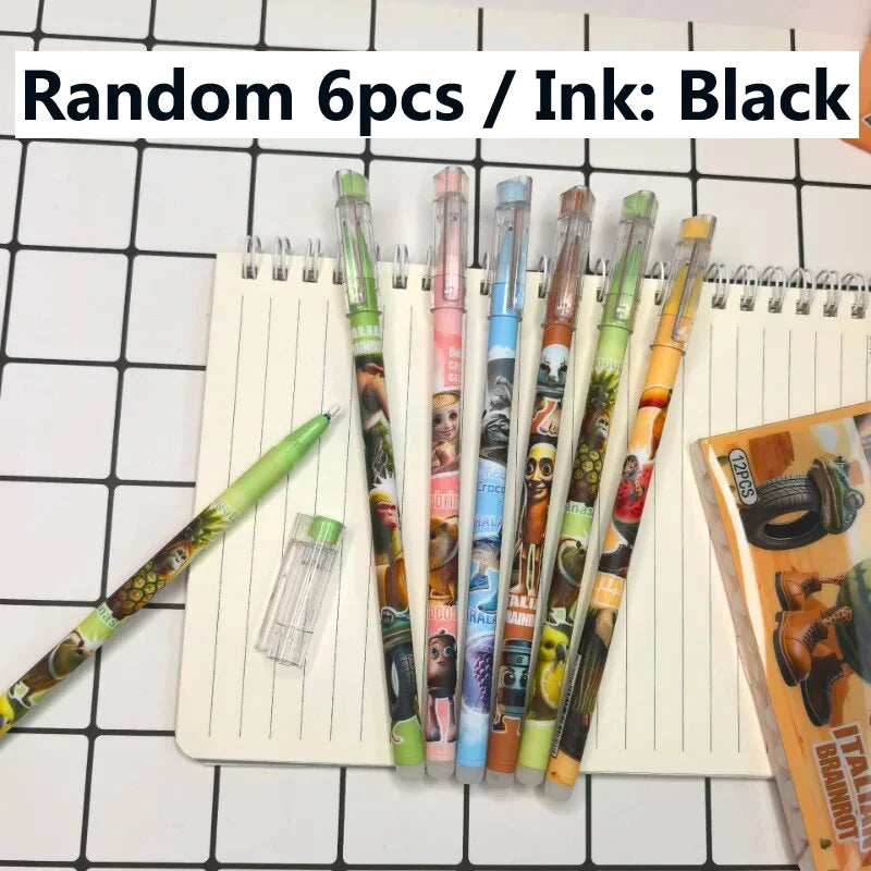 12pcs Tung Tung Sahur Italian Brainrot Wooden Stick Gel Pen Cartoon Signature Pen Individually Packaged Student Stationery Gift