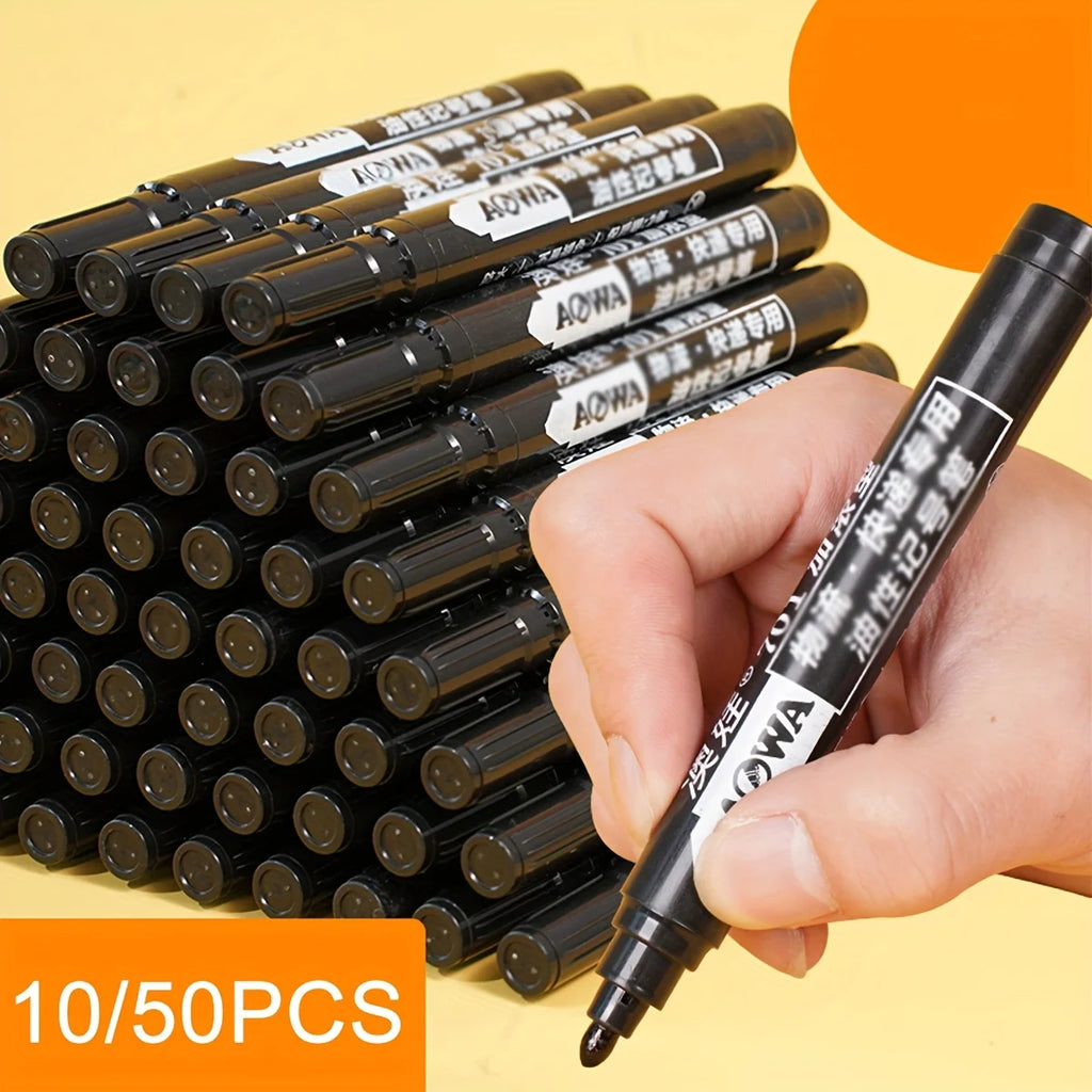 10/50pcs Black Waterproof Markers, Large Capacity Oil-Based Non-Fading Thick Tip Suitable for Logistics Multi-Purpose Use