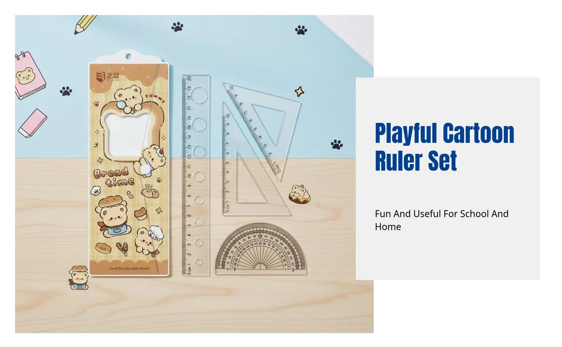 Cartoon Cat Ruler Set, Acrylic Geometry Tools, Student Stationery, Includes Triangle Ruler, Protractor, Straight Ruler, Cute
