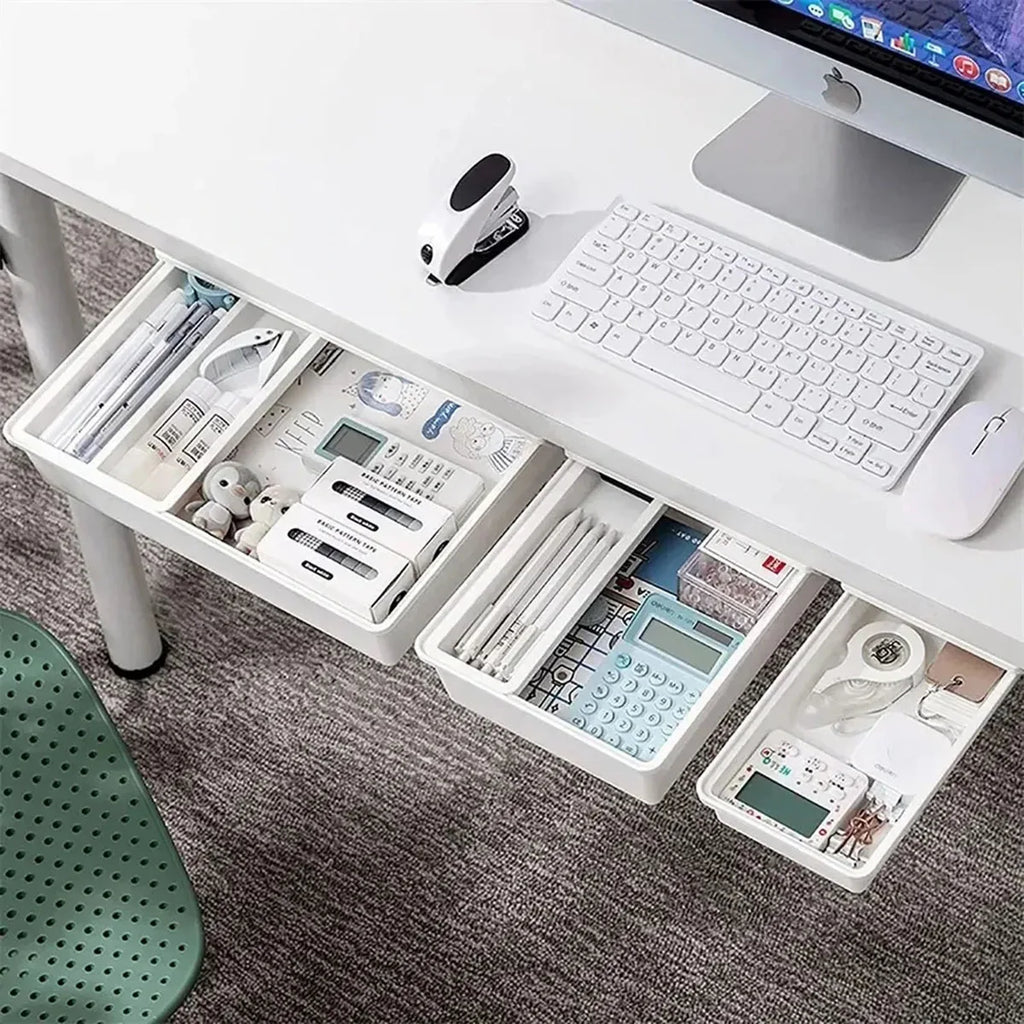 1pc White SelfAdhesive Storage Drawer Box Makeup Pencil Tray Desk Hidden Under Desk Stand Self-adhesive Under-drawer Storage Box