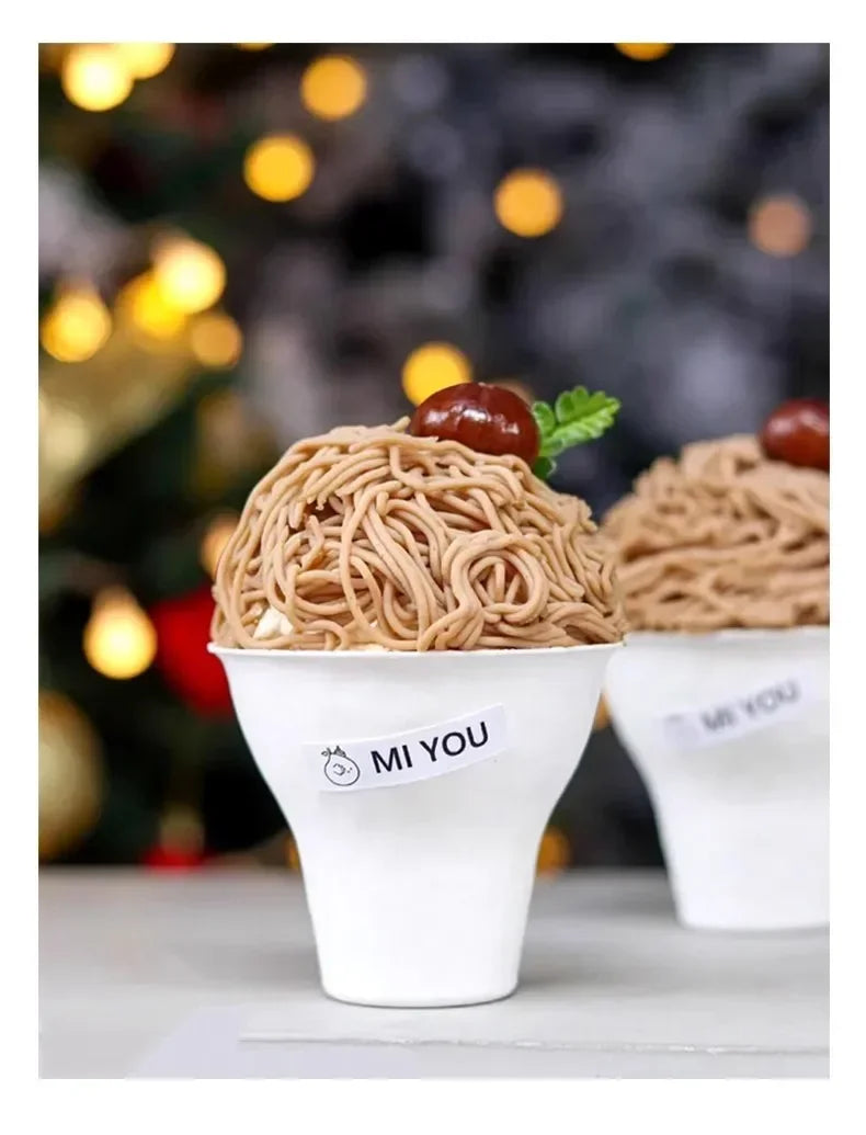 50pcs Disposable Biodegradable Paper Cup 300ml Ice Cream Tiramisu Handheld Cup with Lid White Eco-friendly Dessert Packaging Mug