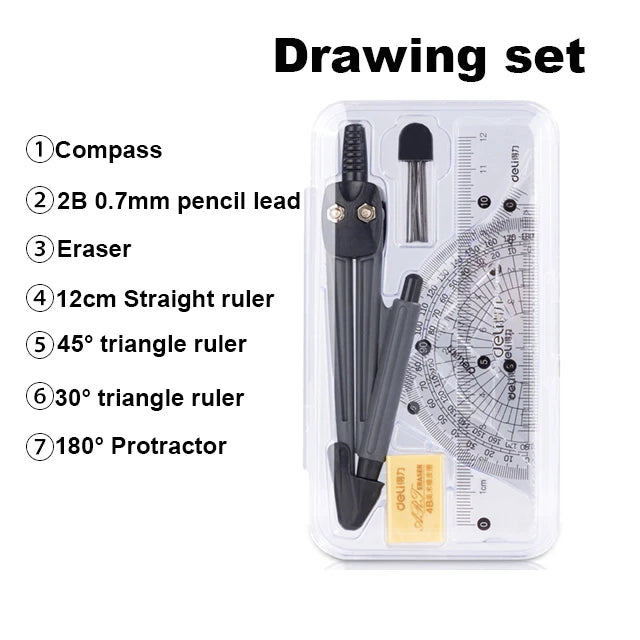 Deli Compass Set Mathematical Drawing Set Tool Professional Multifunctional Ruler School Supplies 7pcs/Set Drafting Set