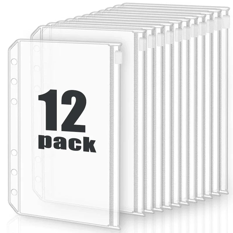 2/6/12Pcs Waterproof A6 6-Hole Binder Pockets Waterproof PVC Cash Budget Envelopes Zipper Binder Pouches for Notebook Planner