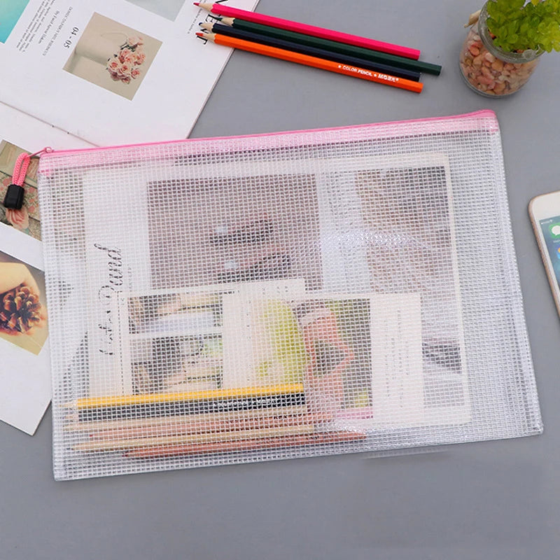 Mesh Zipper Storage Bag Document Bag Waterproof File Pouch Folders School Office Supplies Cosmetic Makeup Bags A3/A4/A5/A6