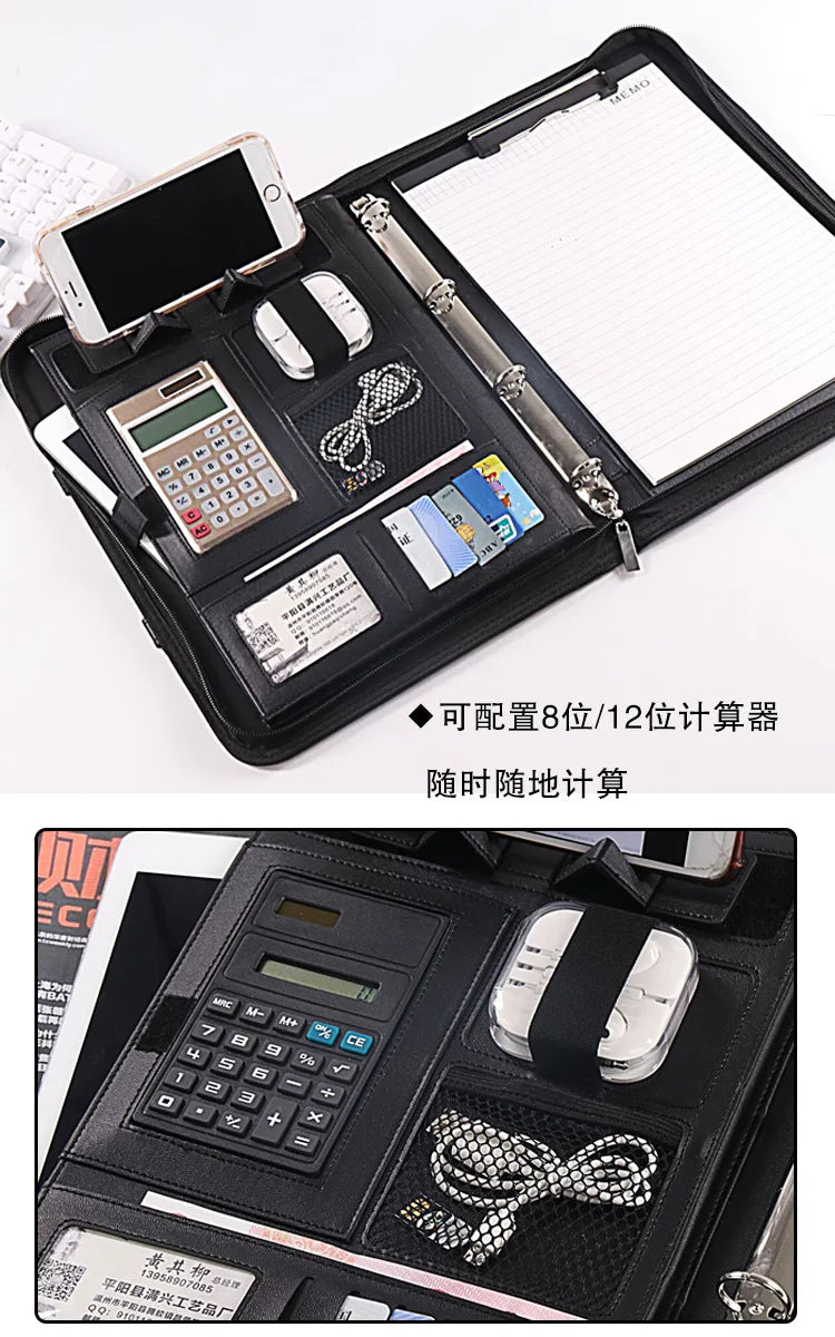 A4 Portable File Folder with Calculator Binder Organizer Manager Office Document Pad Briefcase PU Leather Padfolio Bag Customize