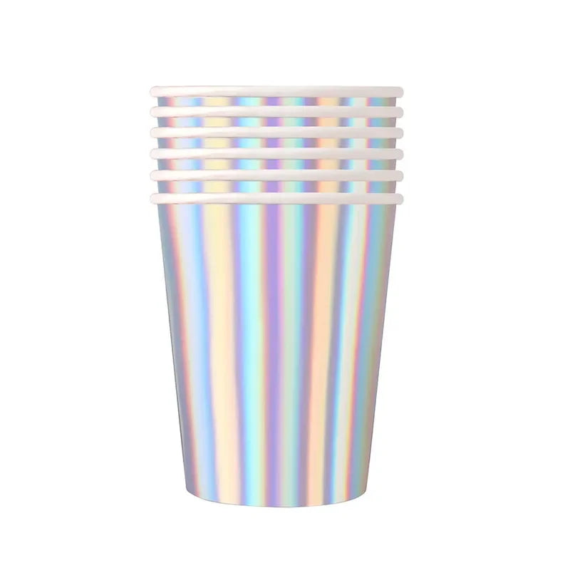 Iridescent Silver Holographic Party Tableware Set Disposable Paper Plates Cups Tablecloth for Birthday Wedding Y2K Disco Decor