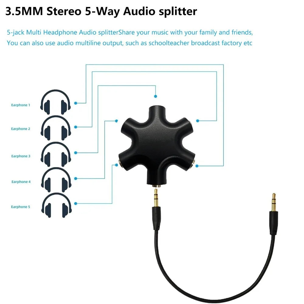 5-Jack Female Connector Adapter 3.5mm Multi Headphone Audio Splitter with 3.5mm Stereo Cable 20cm Digital Audio Video Cables