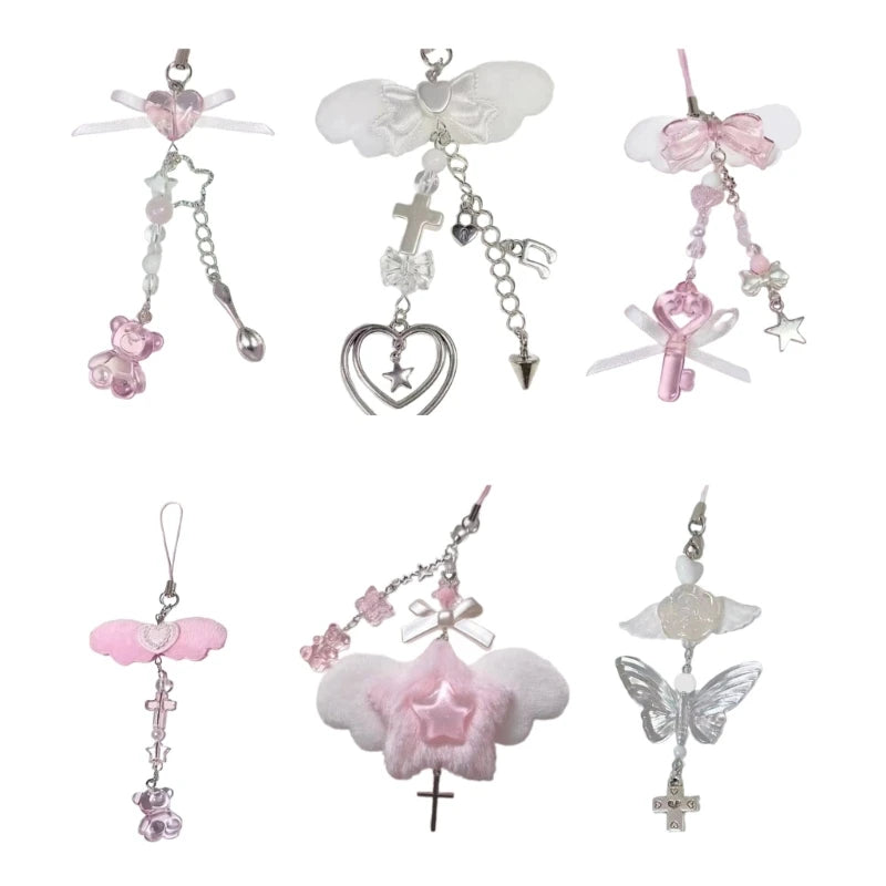 Sweet Bowknot Pendant Phone Chain Rope Wing Keychain Handmade Cellphone Strap Lanyard Acrylic Keyring Bag Ornament