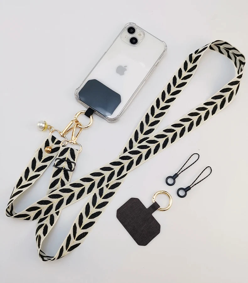 Adjustable Crossbody Long Mobile Phone Lanyard Wide Cloth Neckband Strap Rope Women's Pearl Hanging Ornaments Anti-Lost Lanyard