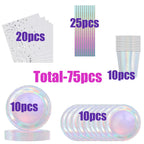 Laser Disposable Tableware Sets Silver Party Paper Cups Paper Plates Straw Party Tableware Wedding Decor Birthday Party Supplies