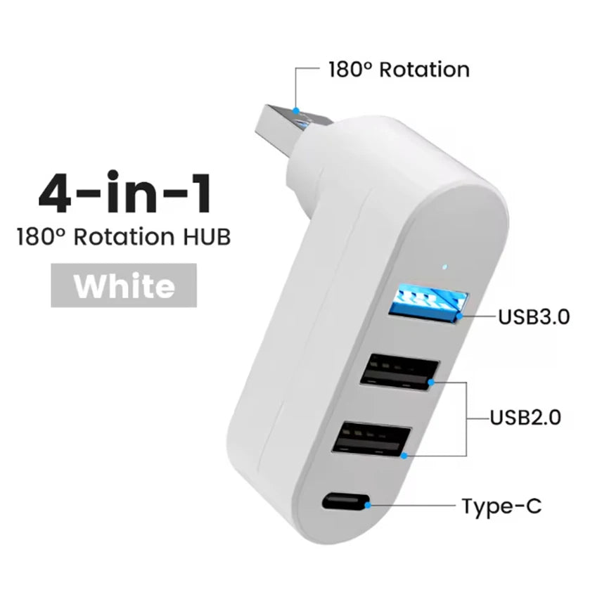 4-Port USB 3.0 Hub [90°, 180° Rotatable], USB Splitter, 3 USB Ports and 1 USB C Power/Data Port, USB Extender for Laptops, Cars,