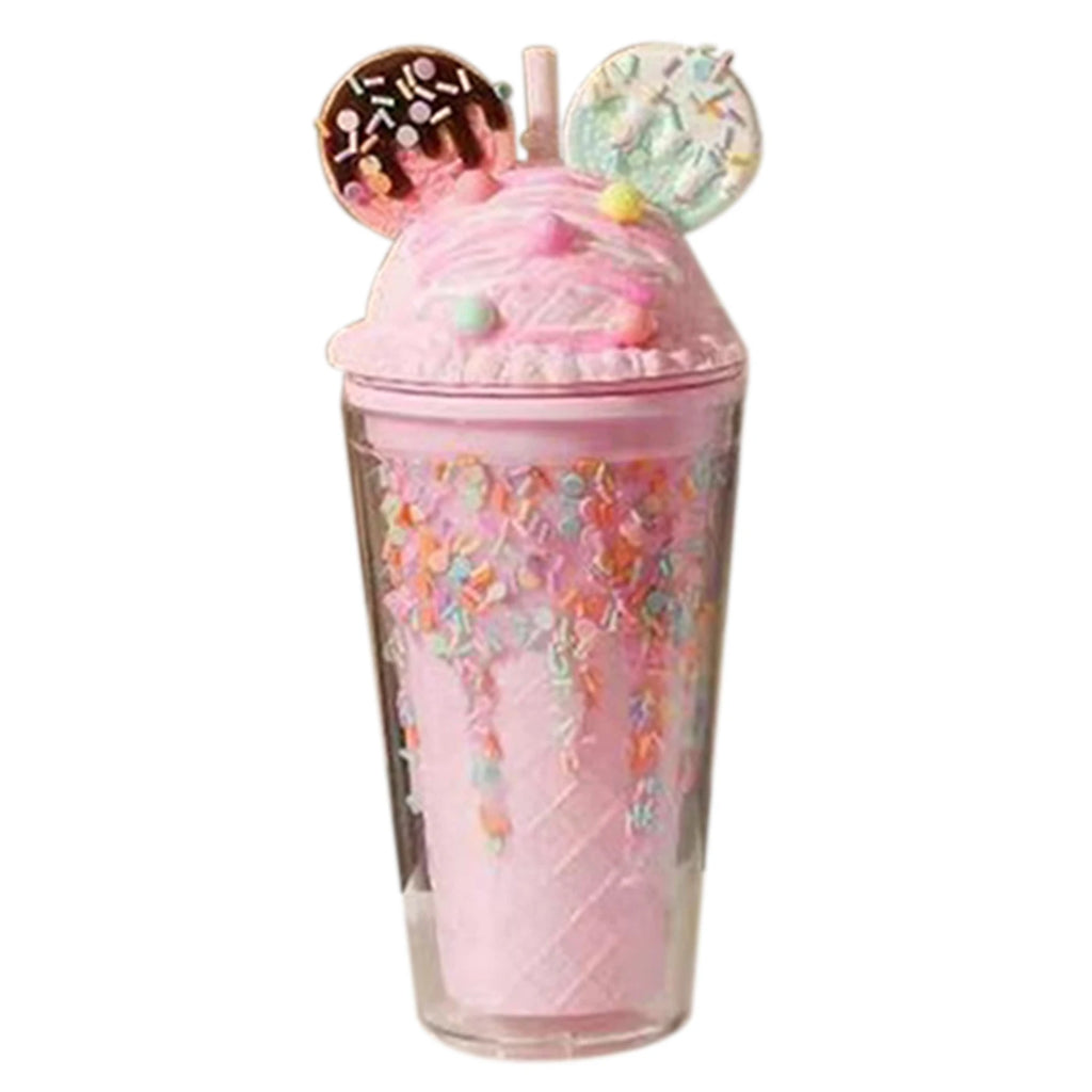 450ml Fashion Cartoon Ice Cream Straw Cup Adorable Plastic Bear Drinking Cup With Lid Milk Tea Cup For Women Girls Outdoor Home