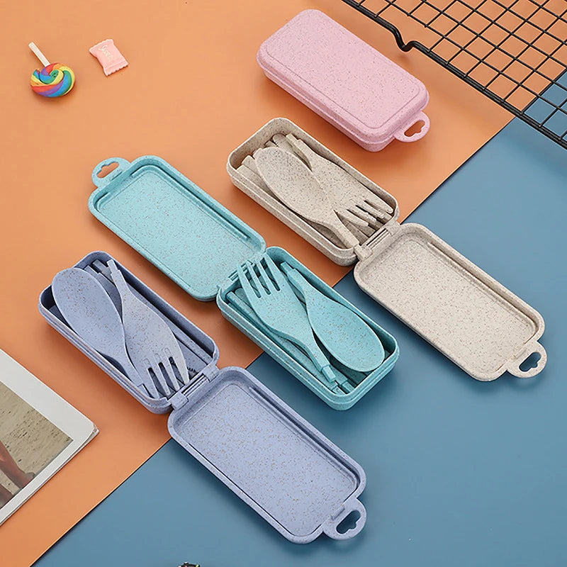 Portable Wheat Straw Fork Cutlery Set Foldable Folding Chopsticks Cutlery Set With Box Travel Kitchen Accessories