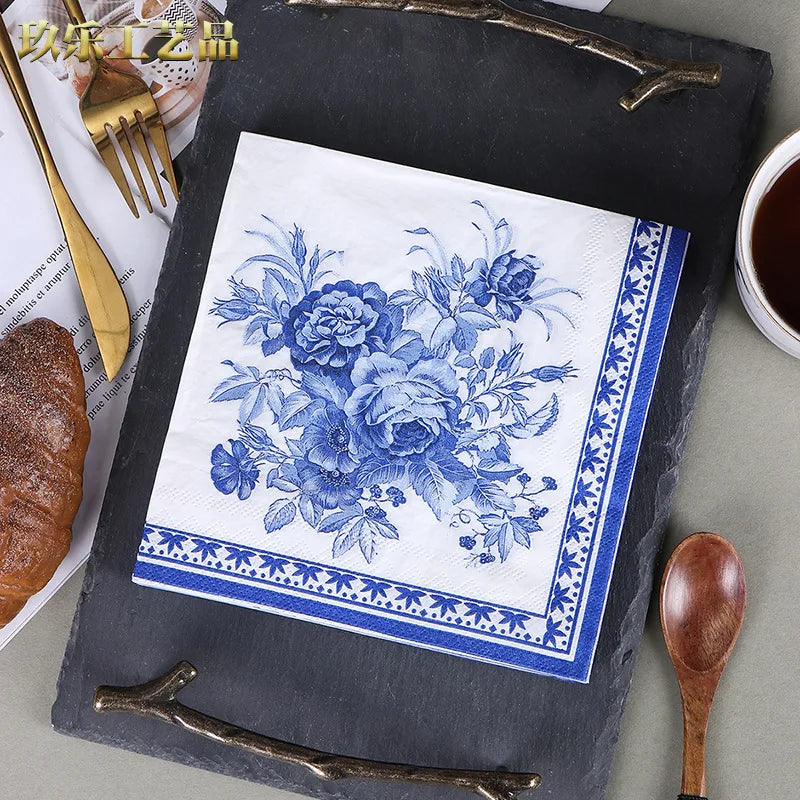 Disposable Blue Flower Porcelain Printed Napkins Birthday Wedding Tea Party Restaurant Party Decoration Tissue