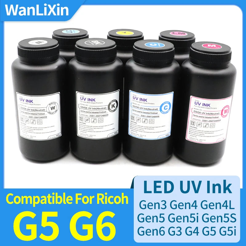 1000ML LED Curable UV Ink For Ricoh G5 G6 Gen3 Gen4 Gen4L Gen5 Gen5i Gen5S Gen6 G3 G4 G5i Printhead Hard Soft Neutral UV Ink