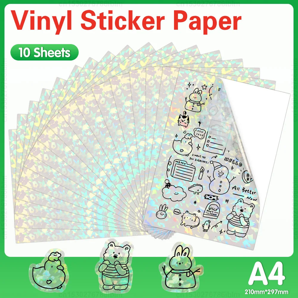 10 Sheets Printable Vinyl Sticker Paper Self-adhesive A4 Copy Paper DIY Holographic Transparent White Labels for Inkjet Printer