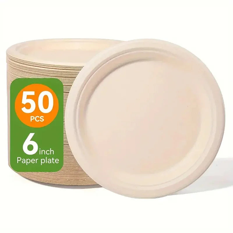 50pcs/set Disposable Round Plates Pulp Lunch Boxes Disposable Paper Plates Light Takeaway Salad Soup Noodle Square Bowls