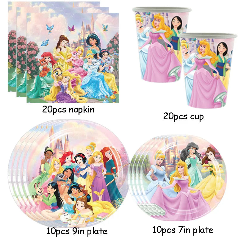 Princess Party Supplies Birthday Disposable Tableware Set  Tablecloth Paper  Plate Napkin for Kid Girl Birthday Supplies