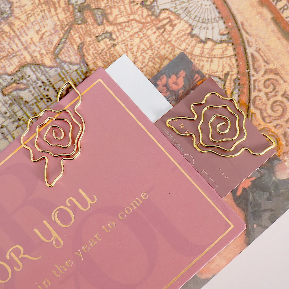 10pcs Gold Rose Flower Paper Clip Wholesale Metal Diy Flower Planner Stationery Supplies Bookmark Gift Shaped Paper Clips