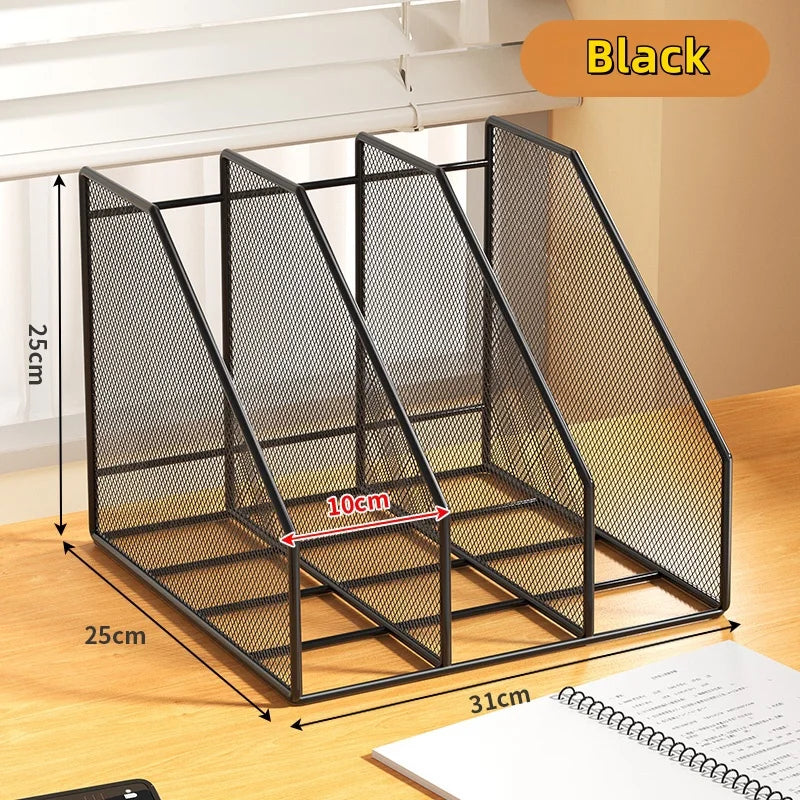 3 or 4 Slot Desktop File Organizer Metal Mesh Magazine Book Document Holder Black White for Office School Home Students Teachers