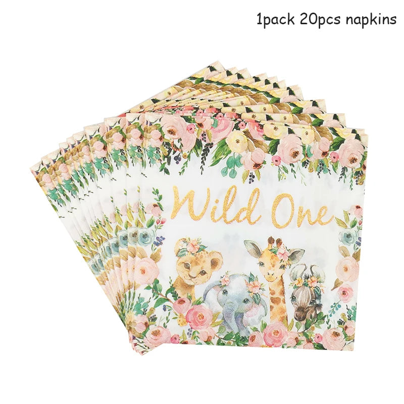 Pink Gold Animal Wild One Birthday Party Tableware Set Forest Decoration One Birthday Jungle Safari Party Supplies