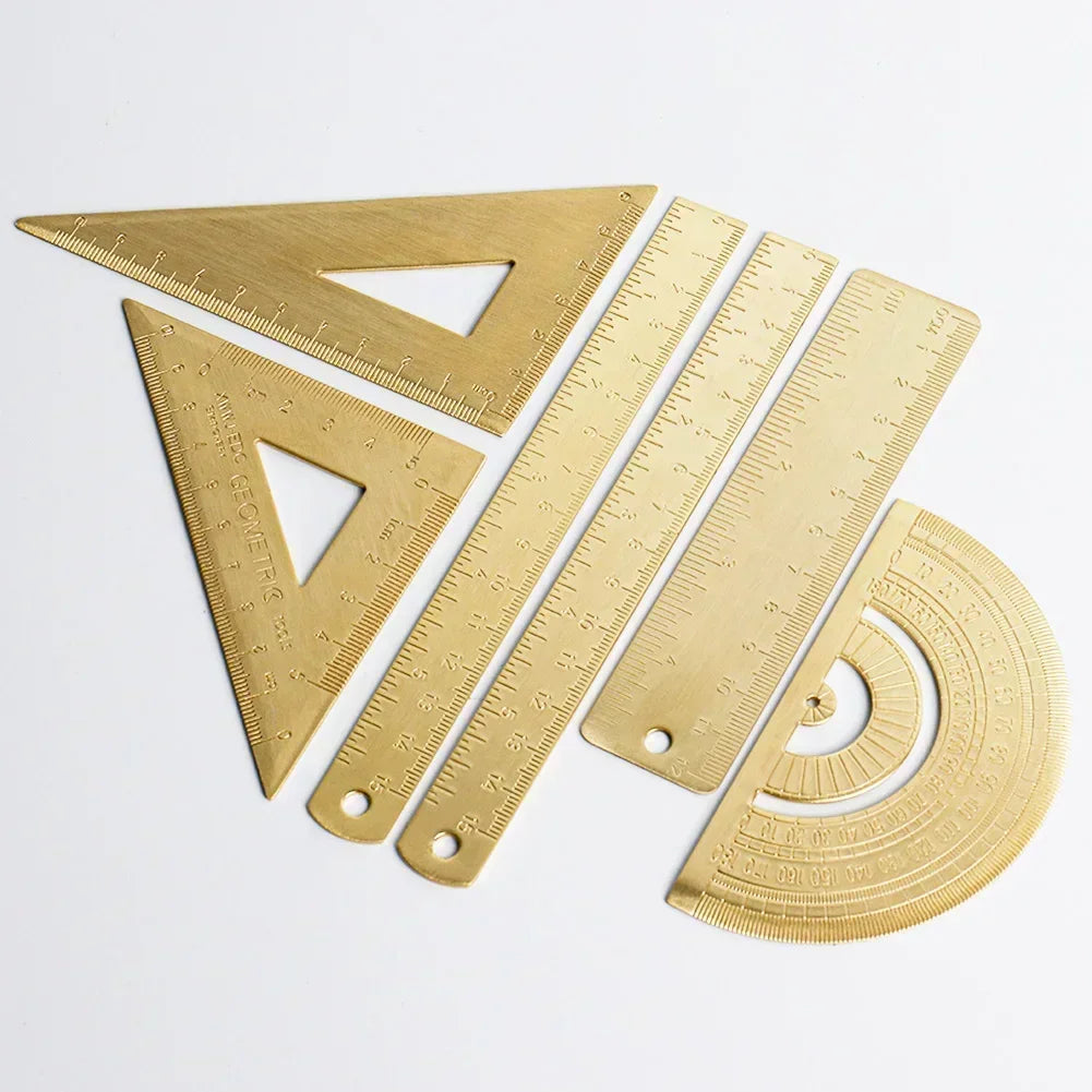 Retro Brass Straight Ruler Student School Office Stationery Metal Triangle Rulers Protractor Painting Drawing Measuring Tools